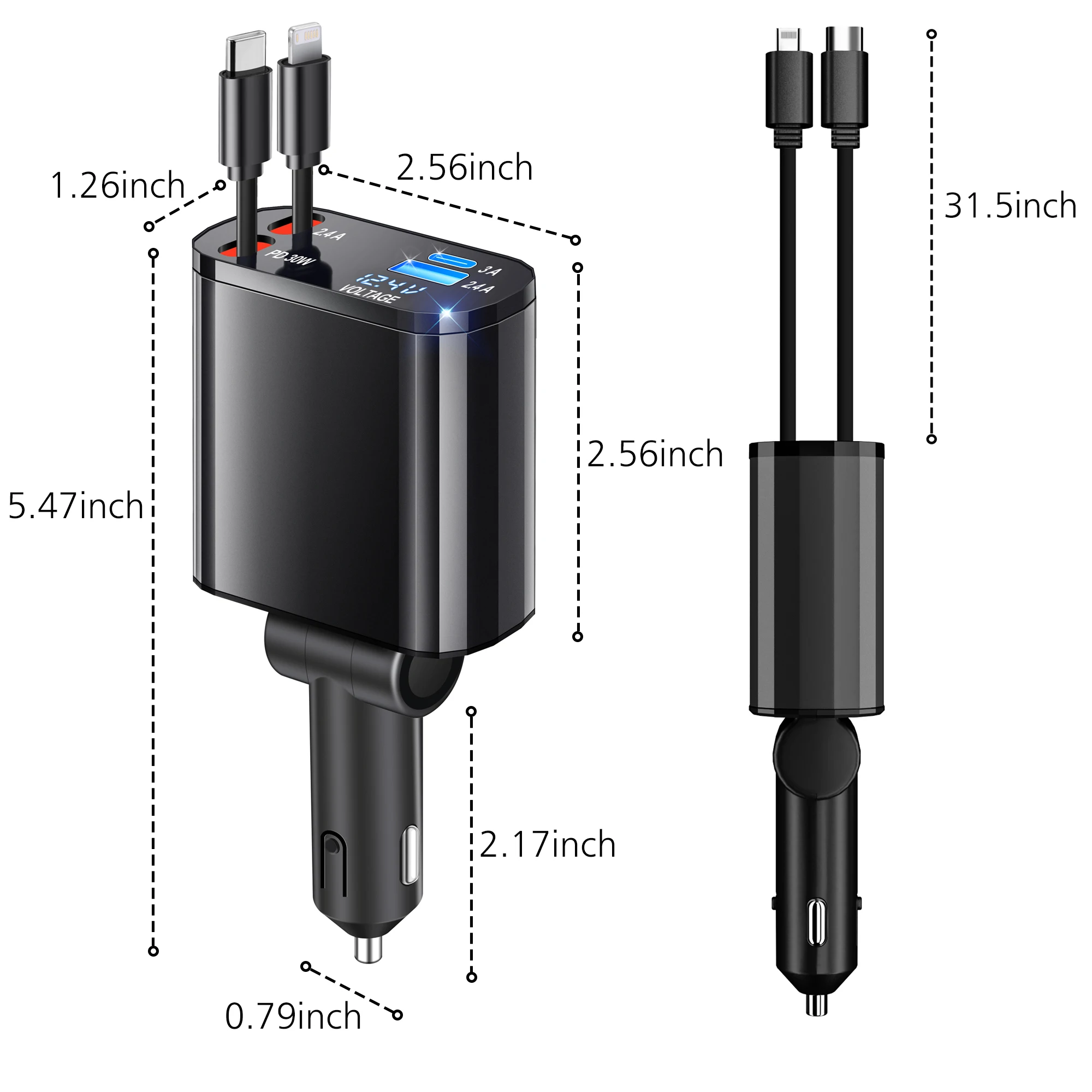 Car mobile charger with usb 3.0 cable LED promotional USB Type-C 12-24V car charger Mobile Phone Light super Power Charging