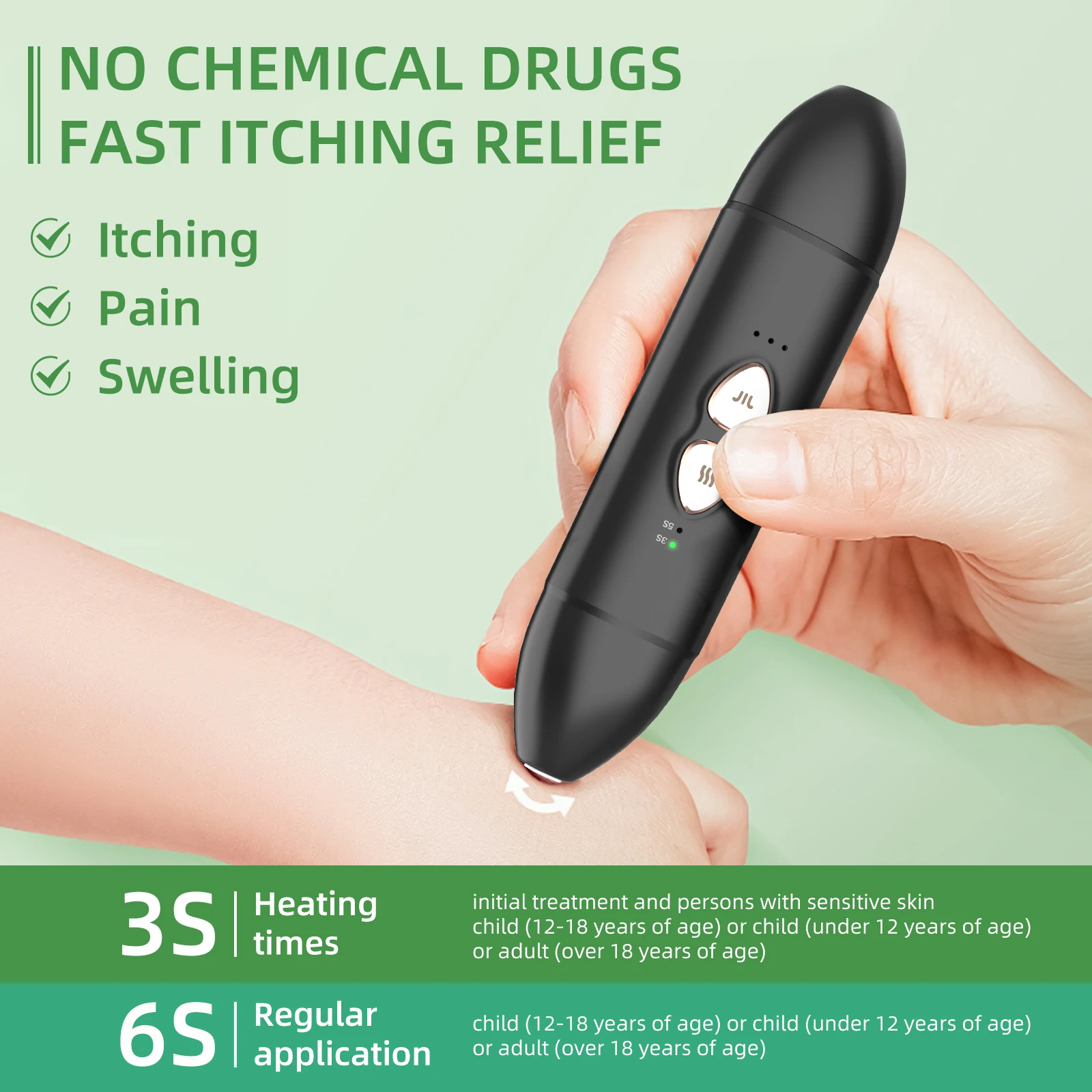 Rechargeable adult and child safety insect bite treatment device