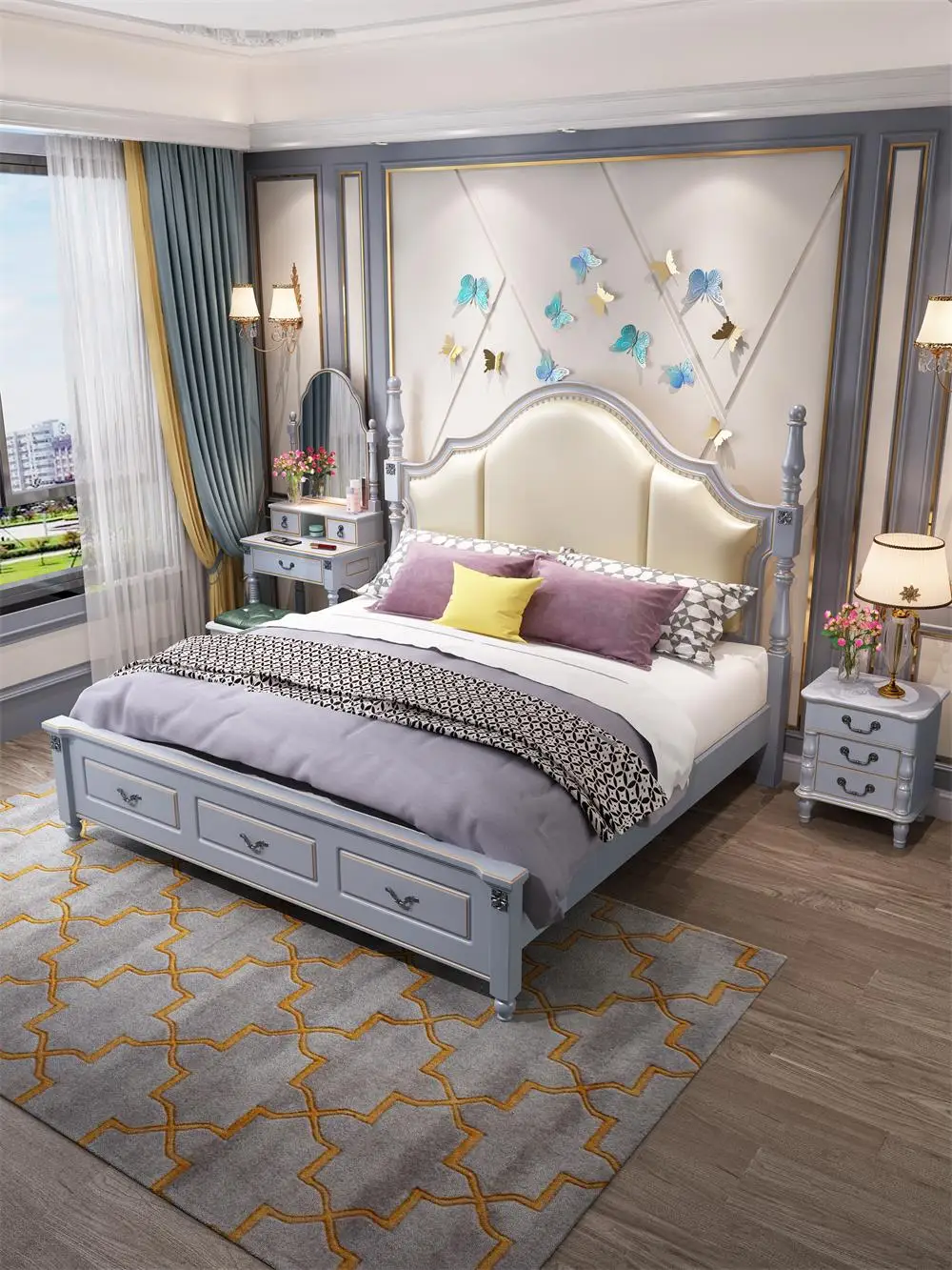 Luxury Design  Bed European Classic Royal Luxury Golden Wooden Bed Deluxe double bed