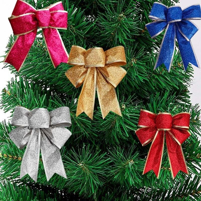 Bows Ribbon Bowknot Glitter Christmas Bow Christmas Tree Party Decor For Home rattan christmas tree decorations
