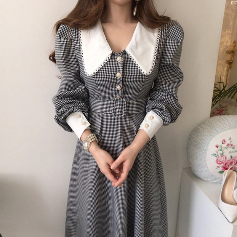 Wholesale 2021 Autumn New Chic French Temperament Lapel Lace Check Chic Single Breasted Waist Puff Sleeve Dress