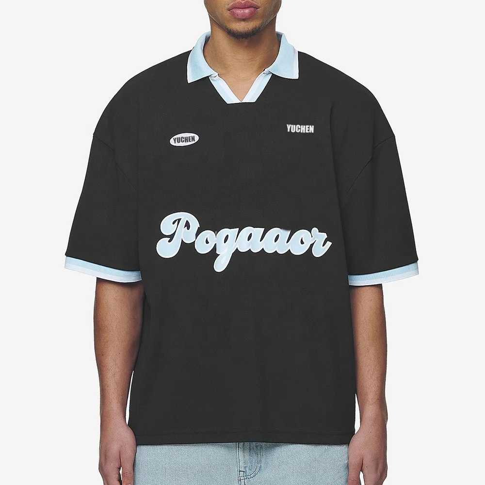 Custom Reverse Collar Short Sleeve Polo Shirt Double Sleeves Graphic Print Contrast Trims Embroidery Patch Boxy Shirt Men