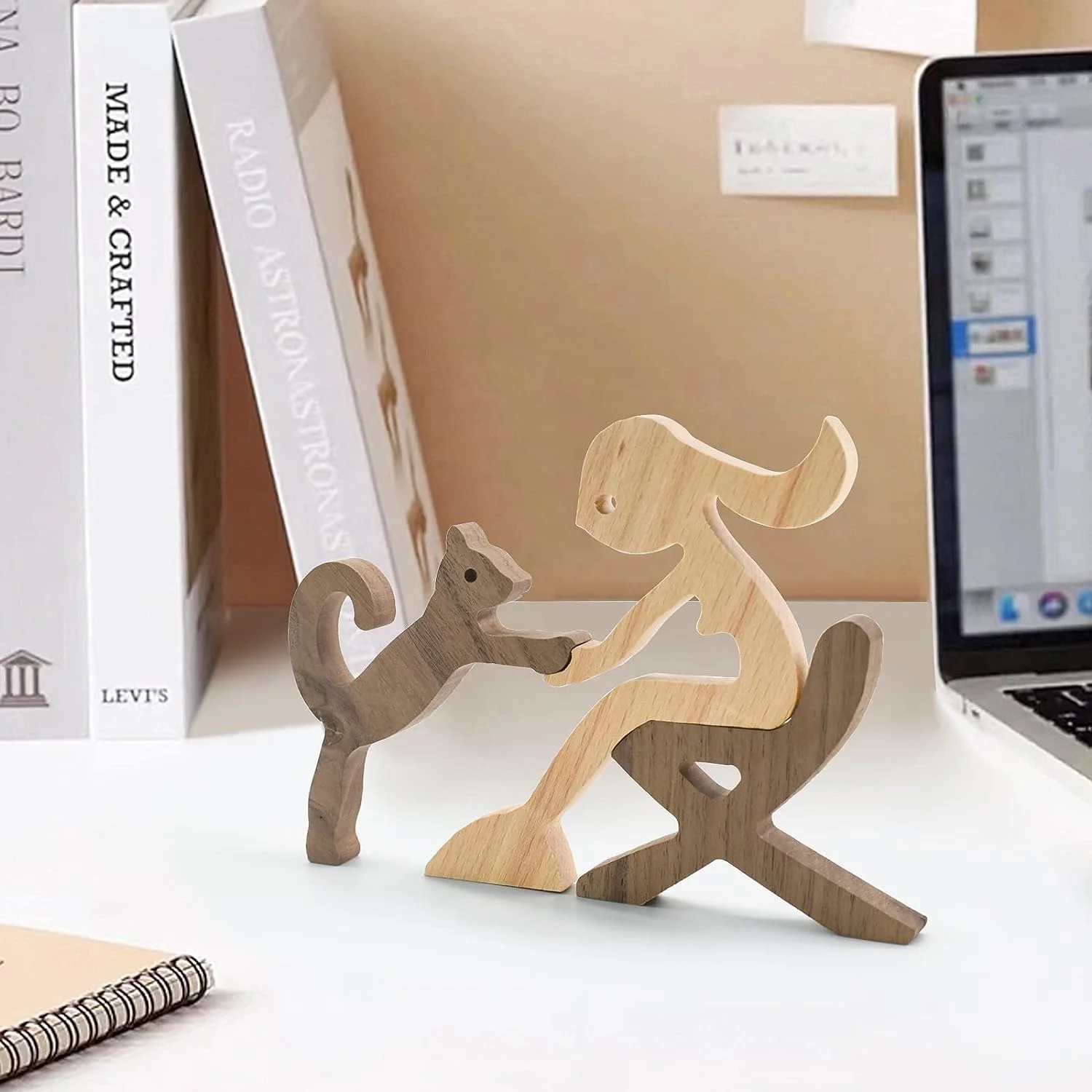 Home Office Decor Tabletop Decorative Ornaments Cat Figurines and Human Statue Wood Sculpture Wooden Pet Carvings