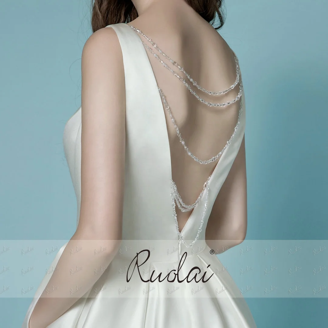 Ruolai QD06001 Simple Crystal Tassel Decoration Bride Dress with pockets Open V back Folded Satin wedding dresses