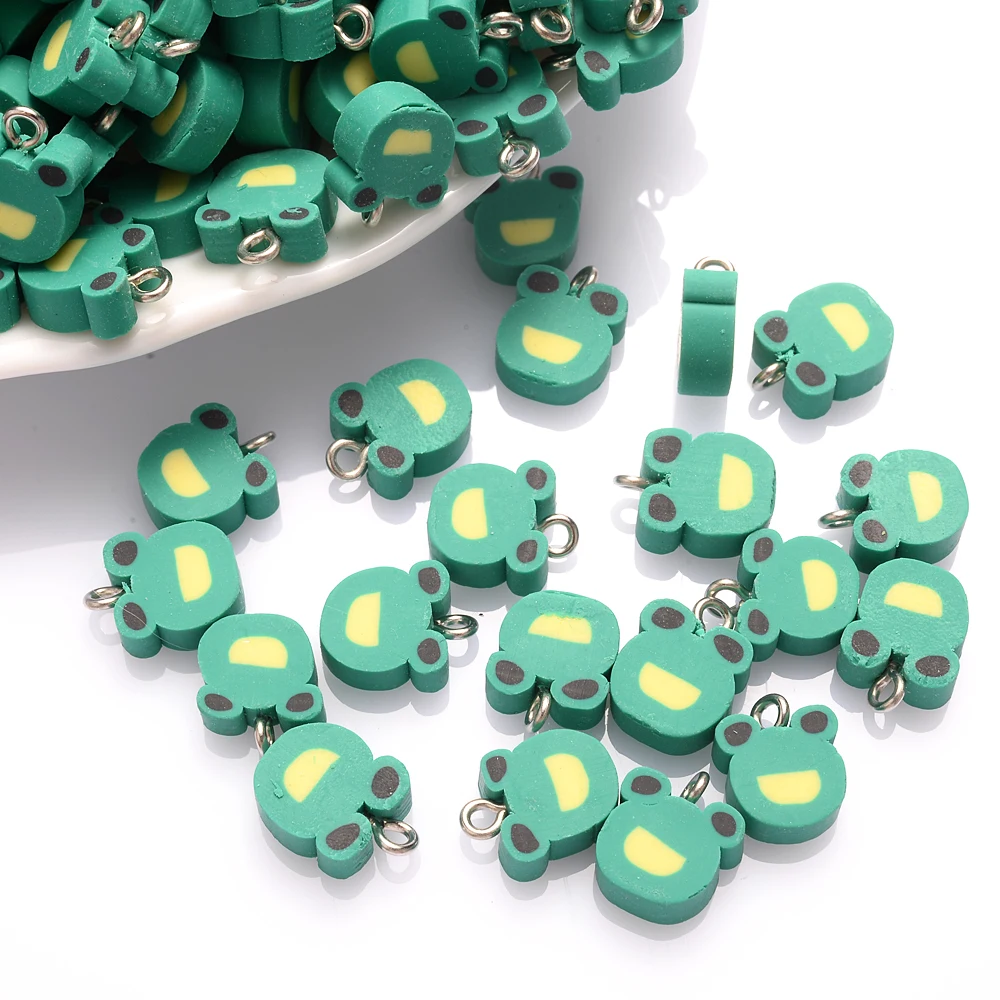 50Pcs 10mm Cartoon Animal Polymer Clay Beads Cute Green Frog Charm Pendant Beads For Necklace Bracelet Jewelry Making DIY