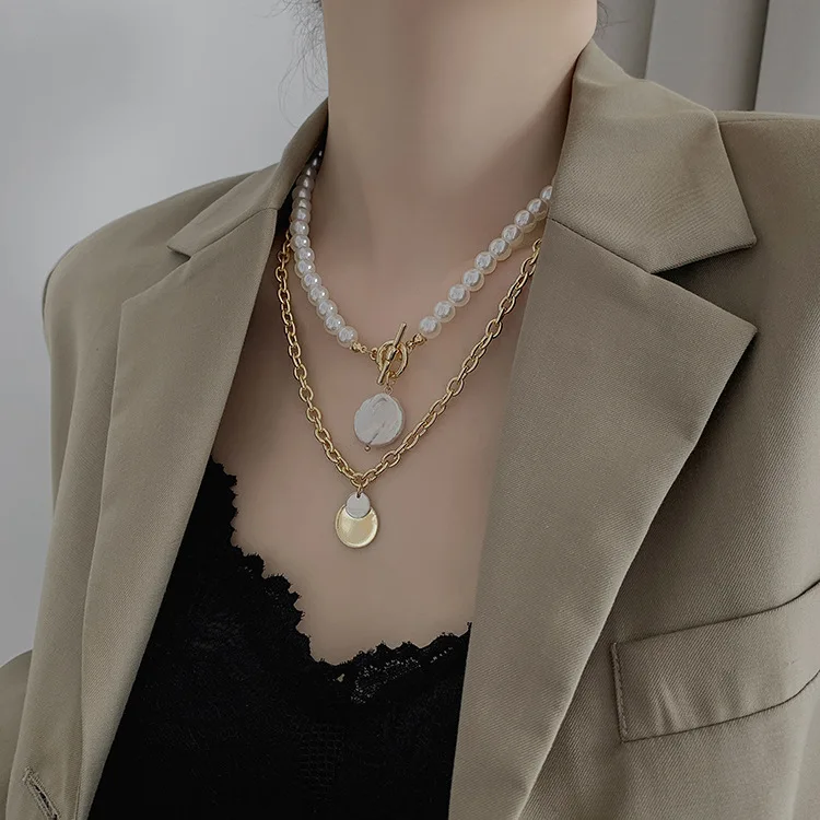 MNL30014 Two-piece pearl pendant fashion ins iron chain personality street baroque necklace choker sweater chain pearl necklace