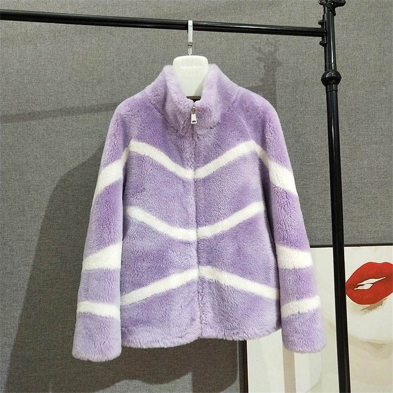 JT322 Stripe Design 100% Real Wool Fur Women Oversize Jacket Female Sheep Shearling Overcoat
