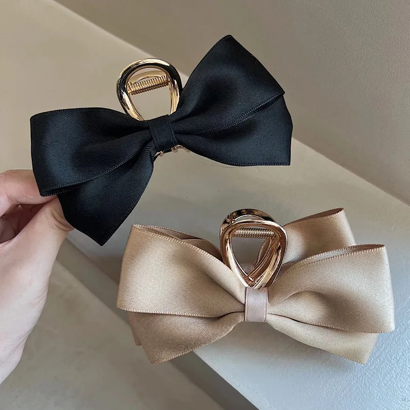 Fashion Hair Holder Double Bow Hair Claw Clip 11cm Big Size Metal Hair Clamp with Satin Bow Girls Ponytail Grip