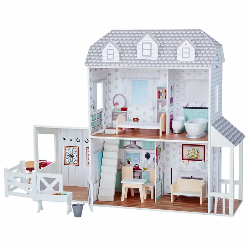 Cheap price wooden make up toy set play house 4 storeys wooden toy doll house with 24pcs mini furnitures