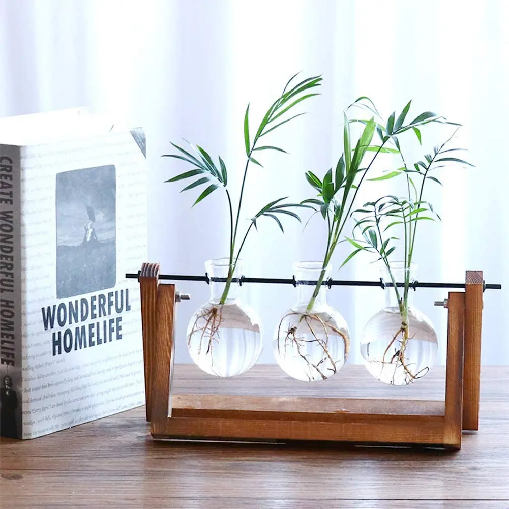 Plant Terrarium with Wooden Stand, Air Planter Bulb Glass Vase Metal Swivel Holder Retro Tabletop