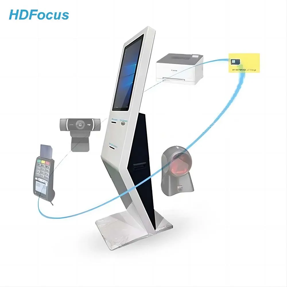 Freestanding 21.5 Inch Android Aio Touch Screen Queue Kiosk With Pos Barcode Scanner Ticket Printer Options