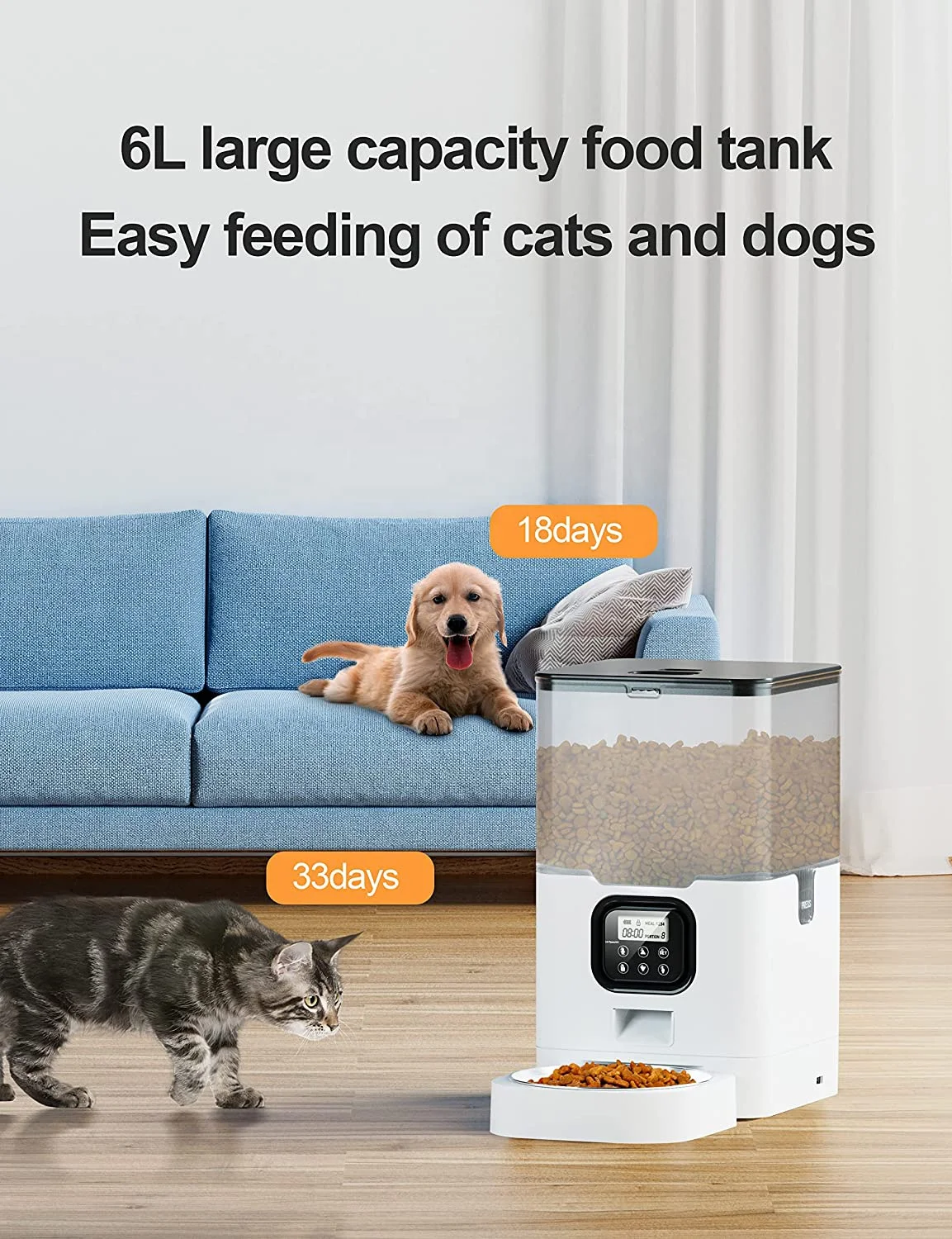 6L Large Capacity Dog Cat Smart Pet Feeder LCD screen voice recorder messages Microchip Automatic Pet Feeder