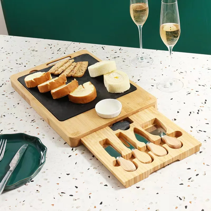 Bamboo Cheese Board Set Wooden cheese board with chalk cutter 4-piece cheese tray set