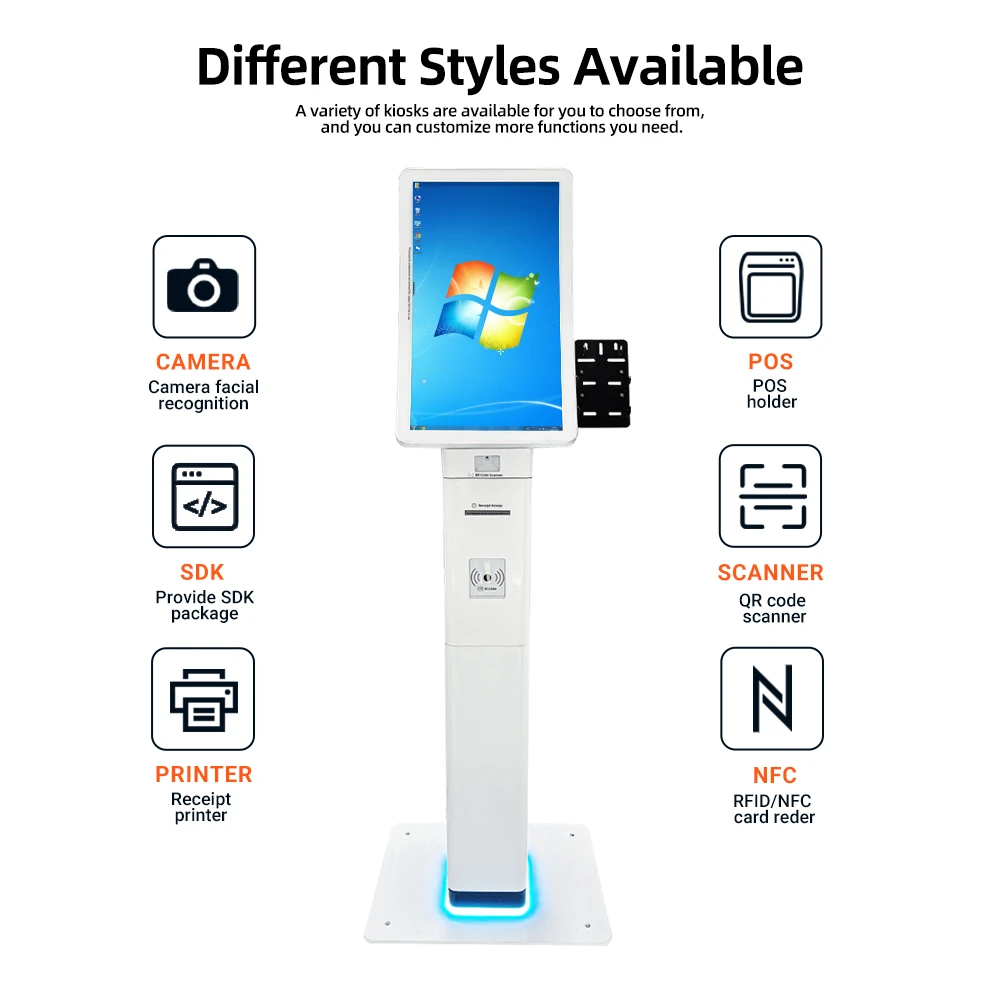 queue system 23.6' slim colomn curved screen kiosk with qr scanner pos holder payment terminal queue kiosk for bank