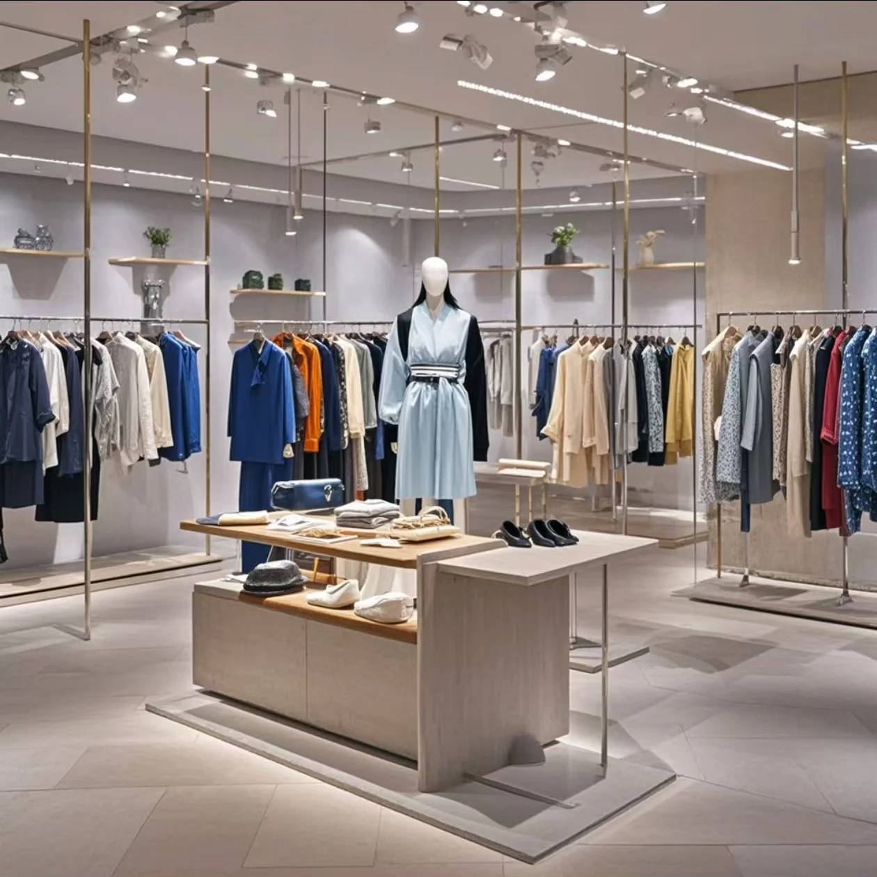 Luxury clothing store fixtures mall metal gold wall floor stand custom clothes display rack shop design