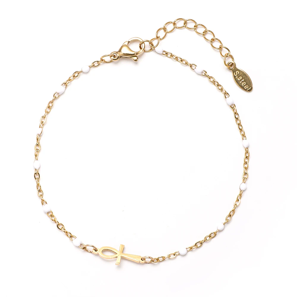 Cute Egyptian Ankh Cross Charm Bracelet for Women Girl Stainless Steel Religious Amulet Bracelet Vintage Jewelry Party Gift