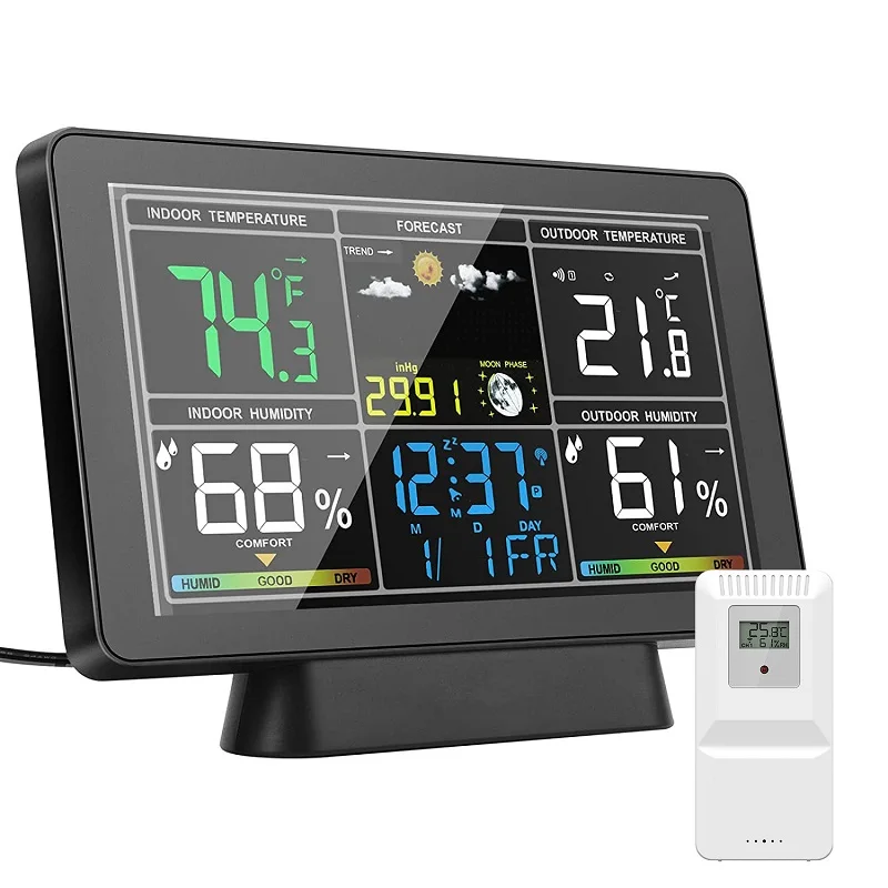 Colorful Digital Display Radio Control Indoor Outdoor Temperature Humidity Forecast Wireless Weather Station
