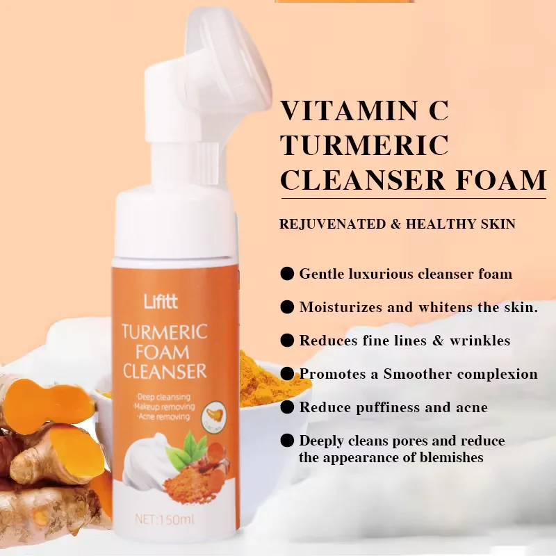 Wholesale Factory Price Vitamin C Foam Face Wash Turmeric Aloe Green Tea Coconut Bubble Facial Cleanser for Skin Brightening
