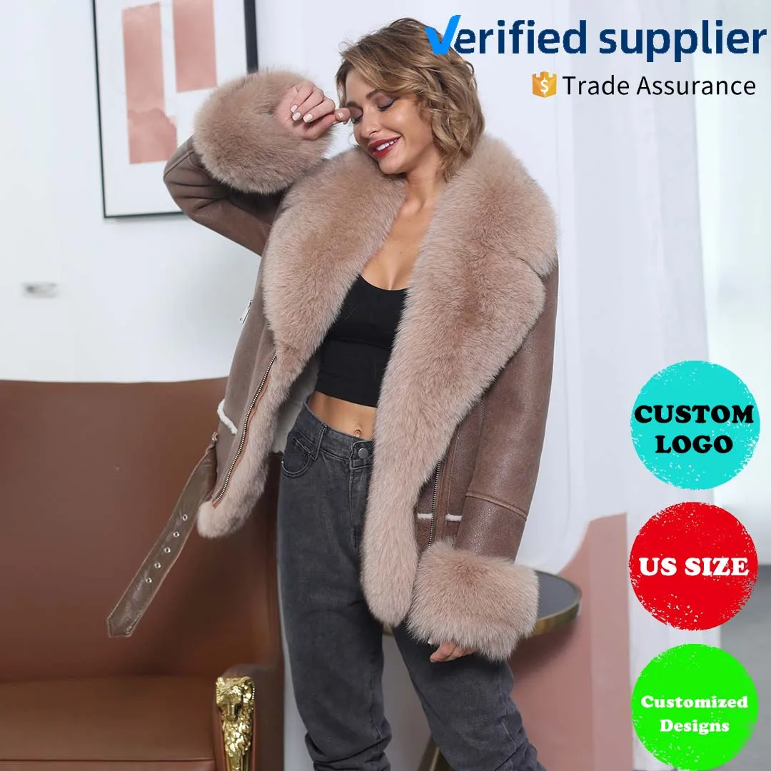 Y2K Model Street Womens Luxury Big Fur Collar Double-faced Leather Fur Jacket