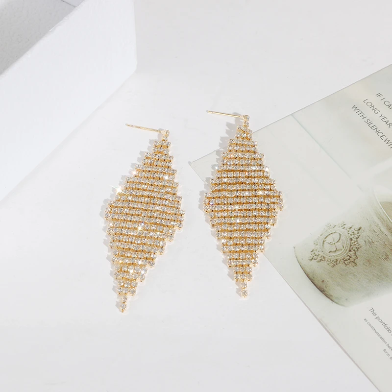 Luxury gold multi-layered rhinestone tassel earrings long crystal rhinestone chain tassel pendant earrings girl