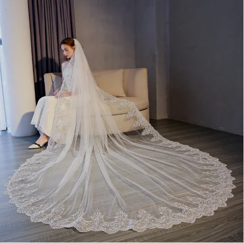 brush wedding veil lesale bride Hair Accessories fashion High quality Net yarn Sequined lace applique brush wedding veil