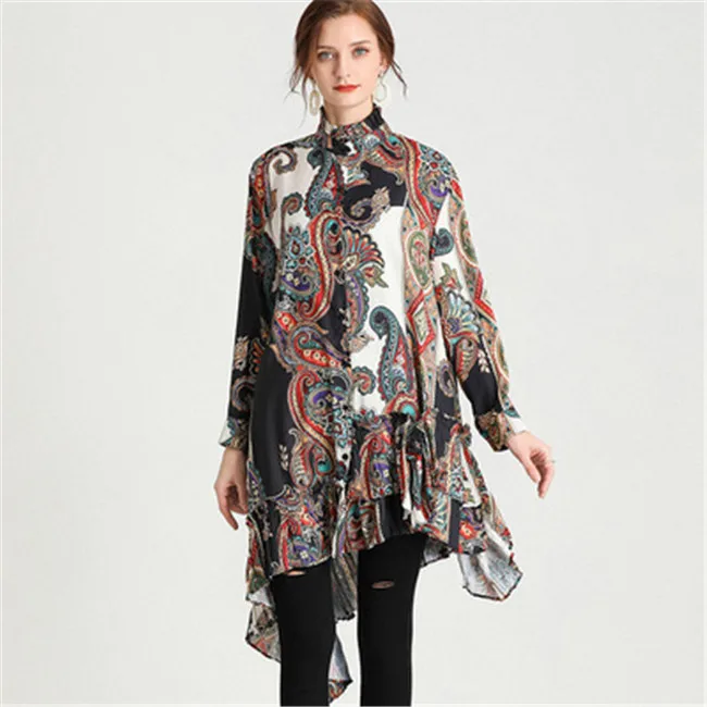
Plus size 2021 spring new retro printed shirt chiffon shirt loose plus size blouse 