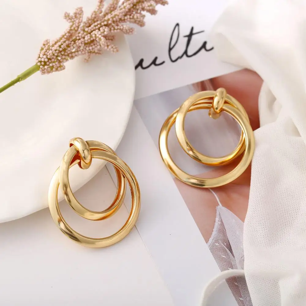 Fashion Vintage Geometric Gold Hoop Earrings Simple Statement Round Double Circle Earrings For Women Jewelry 2020