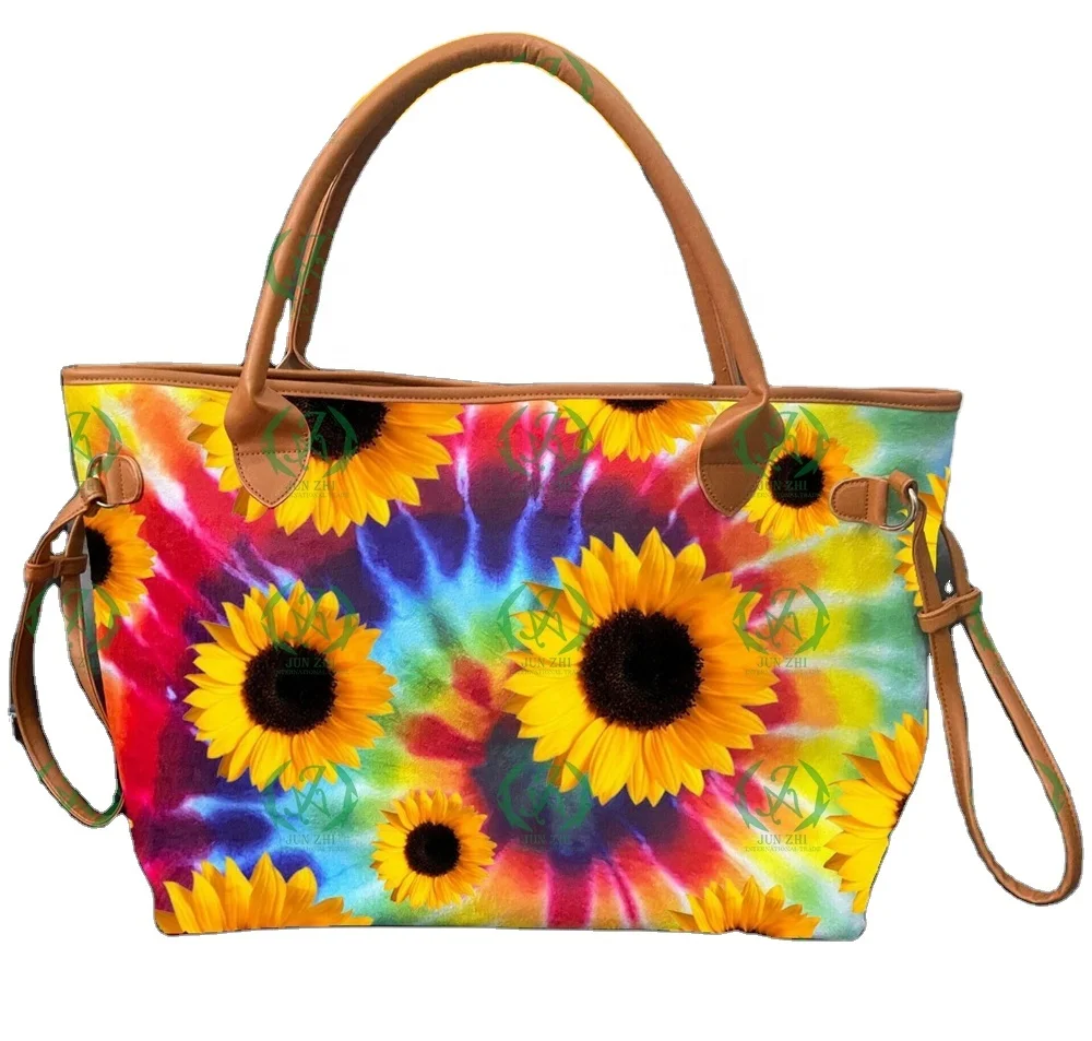 Cow Printed Leather Handbag Rainbow Tie Dye Sunflower Tote Bag