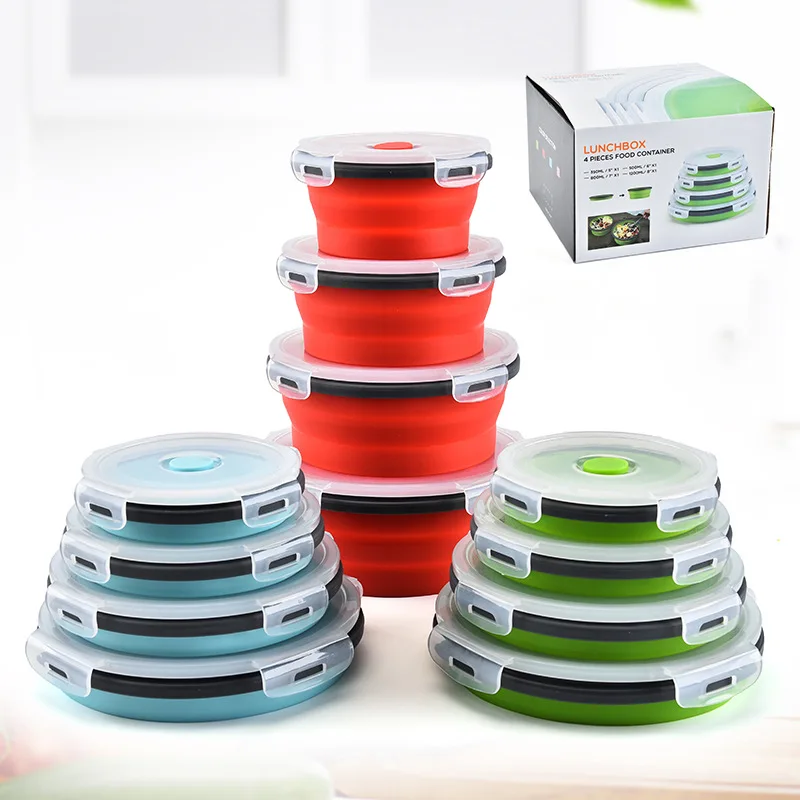 Collapsible Silicone Food Storage Container Set of 4 with Lids | Stackable - Space Saving | Microwaveable  Freezer