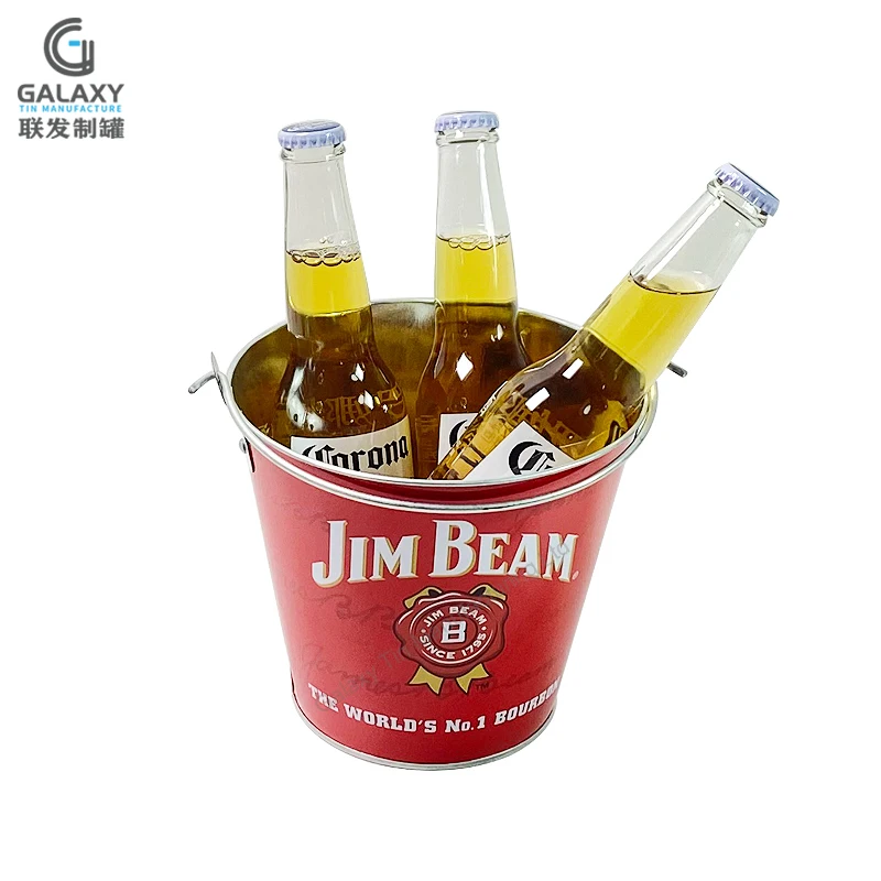 Маленький полноцветный логотип, ведро для напитков, печатный металлический охладитель для напитков, ведро для льда с ручками, охладитель для вечеринки