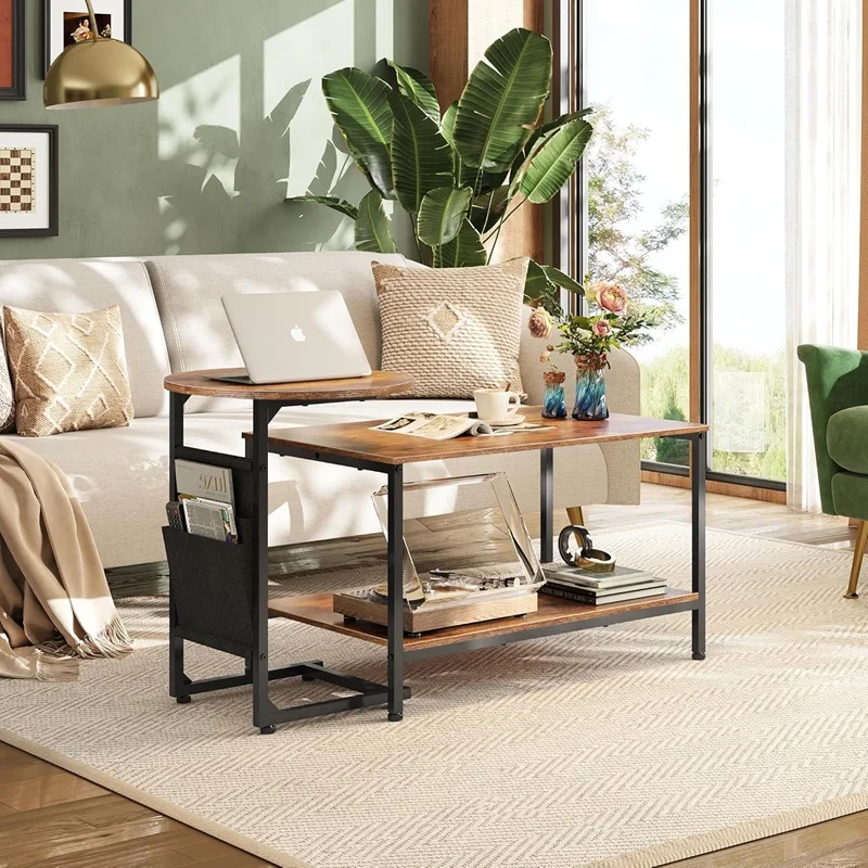 MODERN 2 IN 1 COFFEE TABLE SET RECTANGLE CENTER TABLE AND C SHAPED ROUND END TABLE FOR LIVING ROOM