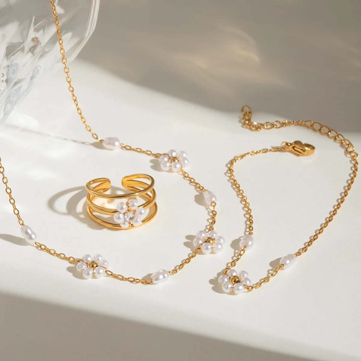 ARETAS 2024 Fashion Fine Jewelry Set Stainless Steel Pearl Necklace C-Shaped Earrings Open Ring Waterproof Bracelet Wholesale