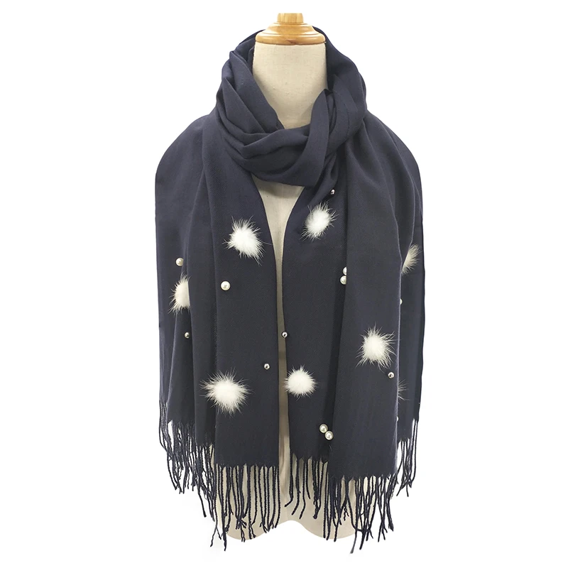 
Wholesale fashion female solid color imitated cashmere scarf with fashion pom poms pearls and tassel long scarf 