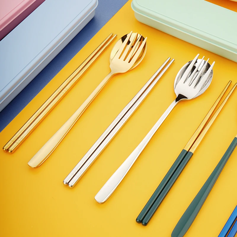 Portable Fork Spoon Chopsticks flatware set stainless steel cutlery with box