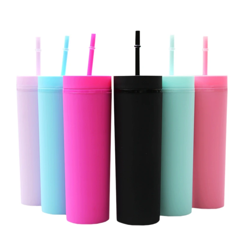 Wholesale 16oz Double Wall Clear Plastic Insulated Reusable Skinny Tumblers Acrylic Cups with Lids and Straws