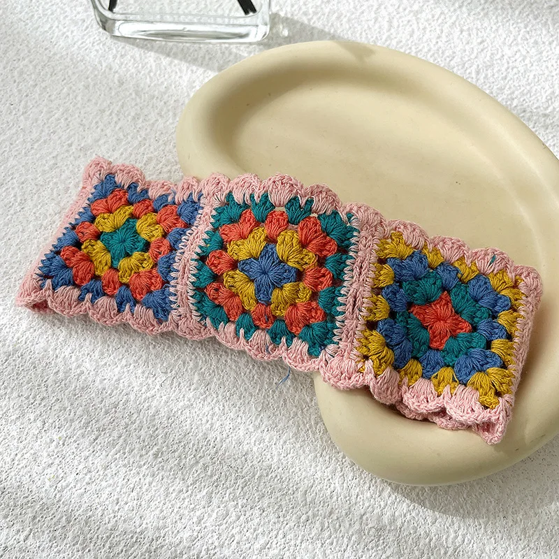 Bohemian Ethnic Style Vintage Fashion Women Girls Stretch  Headband Handmade Crochet Flower Pattern Elastic Sports Yoga Hairband