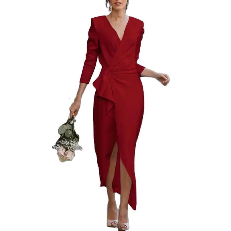 Шифоновое платье-макси с длинным рукавом v-образным