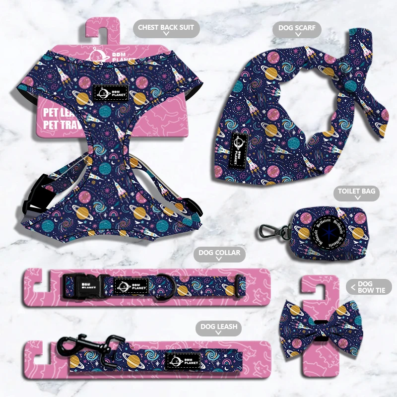 2021 Adjustable Dog Accessories Sublimation Dog Harness Set Custom Personalized Neoprene Pet Dog Chest Harness Collar and Leash