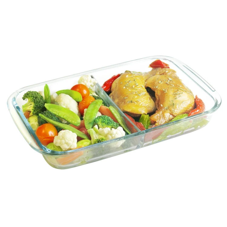 2 Compartment Rectangle Heat Resistant High Borosilicate Oven Safe Glass Bakeware for Baking