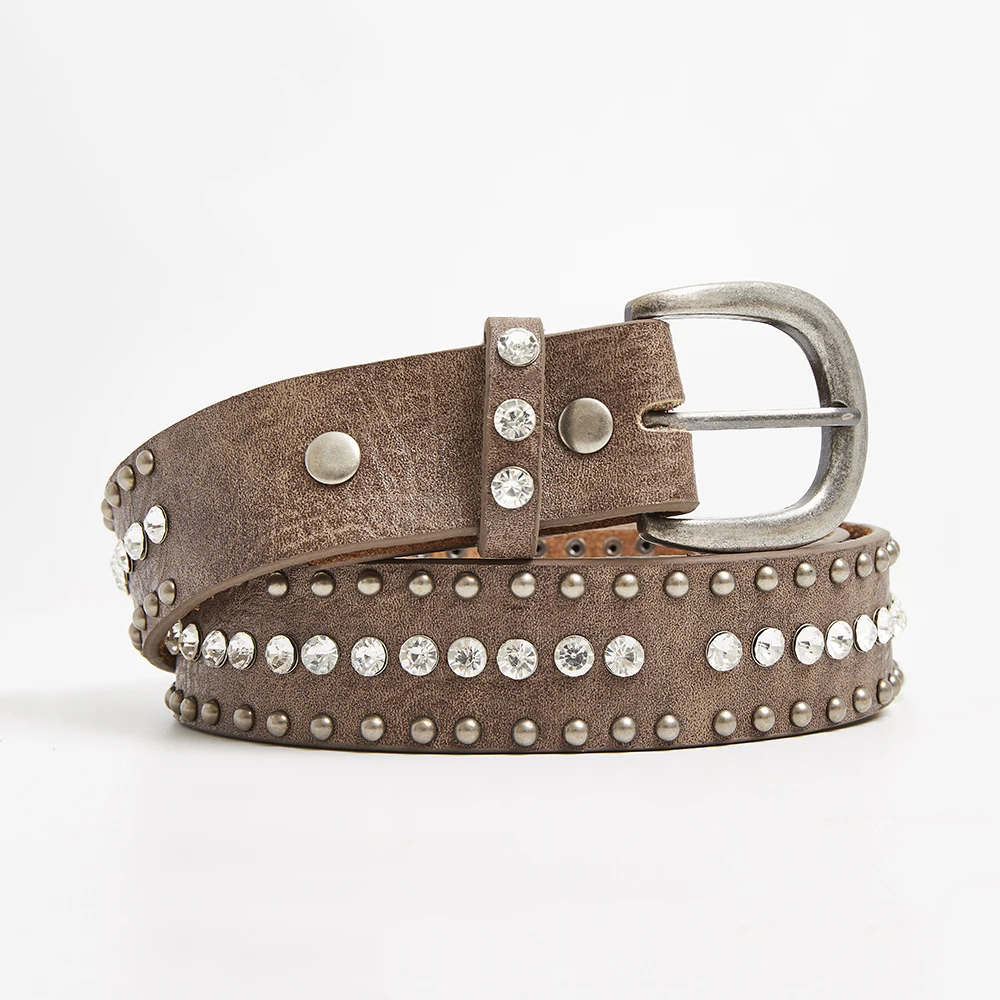 Горячие коричневый моды кристалл дрель заклепки латунь дамы ремень булавки пряжки диких