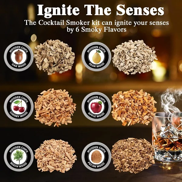 Whiskey Infuser Cocktails Smokers with 2 Whiskey Stones Smoker Kit with 6 Flavors Wood Chips Cocktail Smoker Kit with Torch