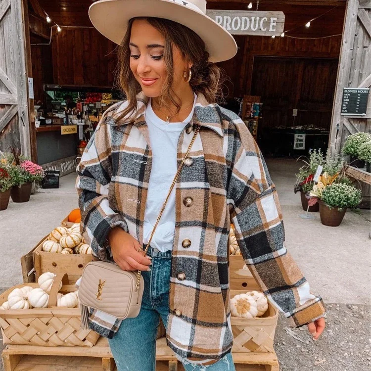 Women Fall Long Sleeve Loose Outwear Shirt Jackets Ladies Casual Button-Down Overshirts Plaid Shacket Women