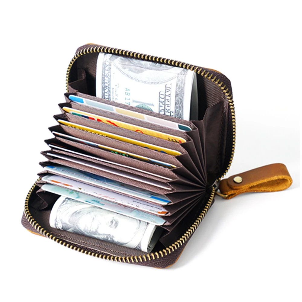 Large Capacity Vintage Genuine Leather Wallet, RFID Blocking Wallet with Card Holder Money Slot Bifold Zipper Wallet for Men