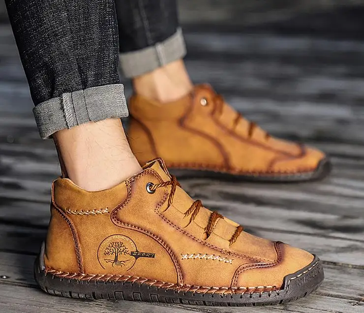 2024 plus size high quality handmade flat casual leather shoes high top tooling boots stitching ankle martin boots for men