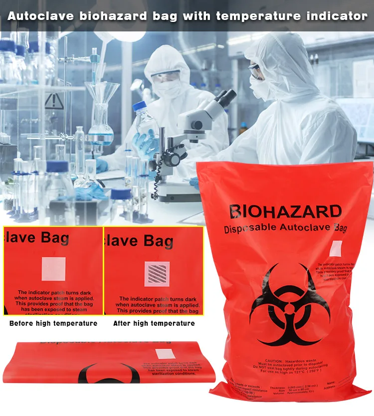 Large red autoclave medical biohazard waste bags disposal