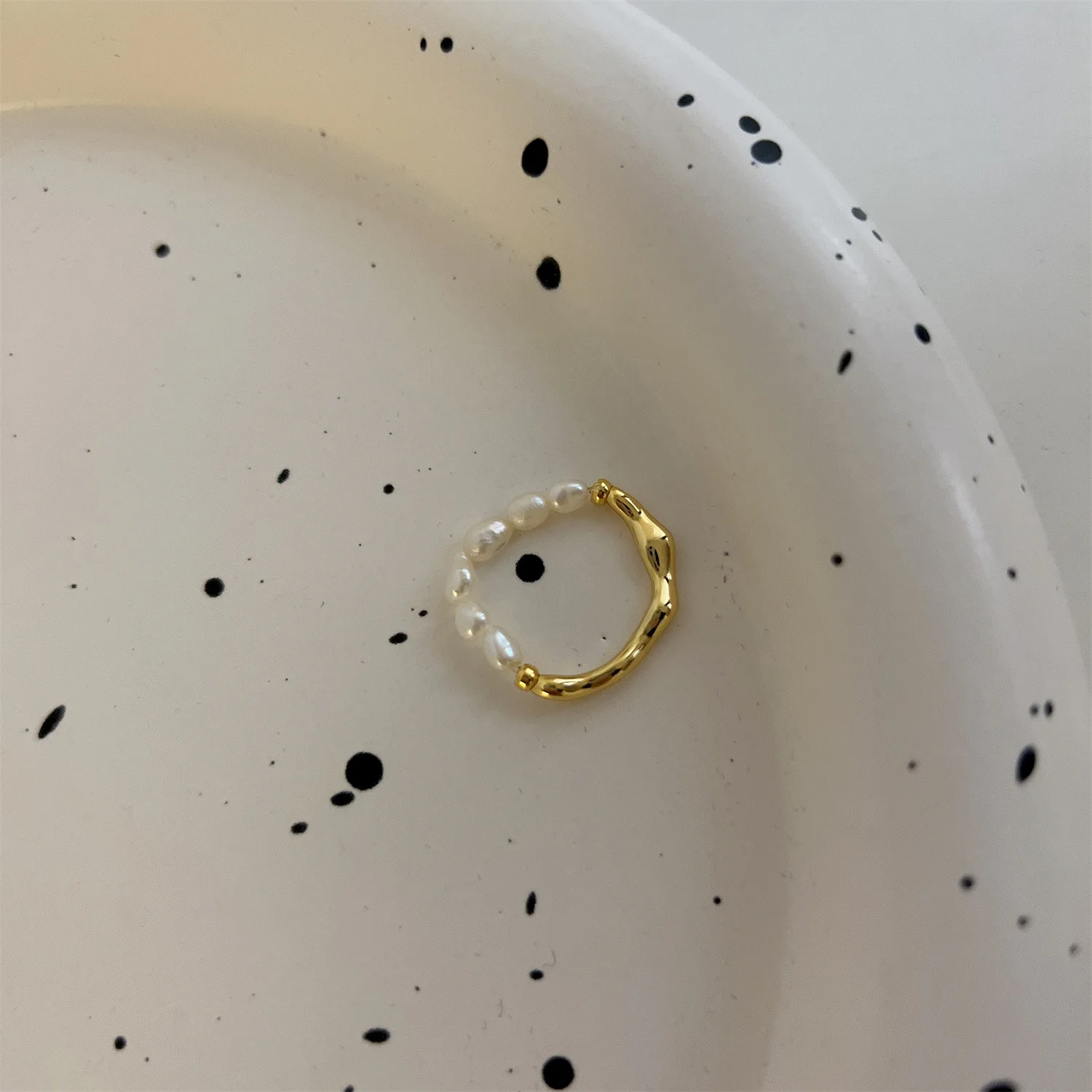 Fashion 18K Gold Geometric Jewelry Adjustable Elastic Rope Pearl Ring  For Women