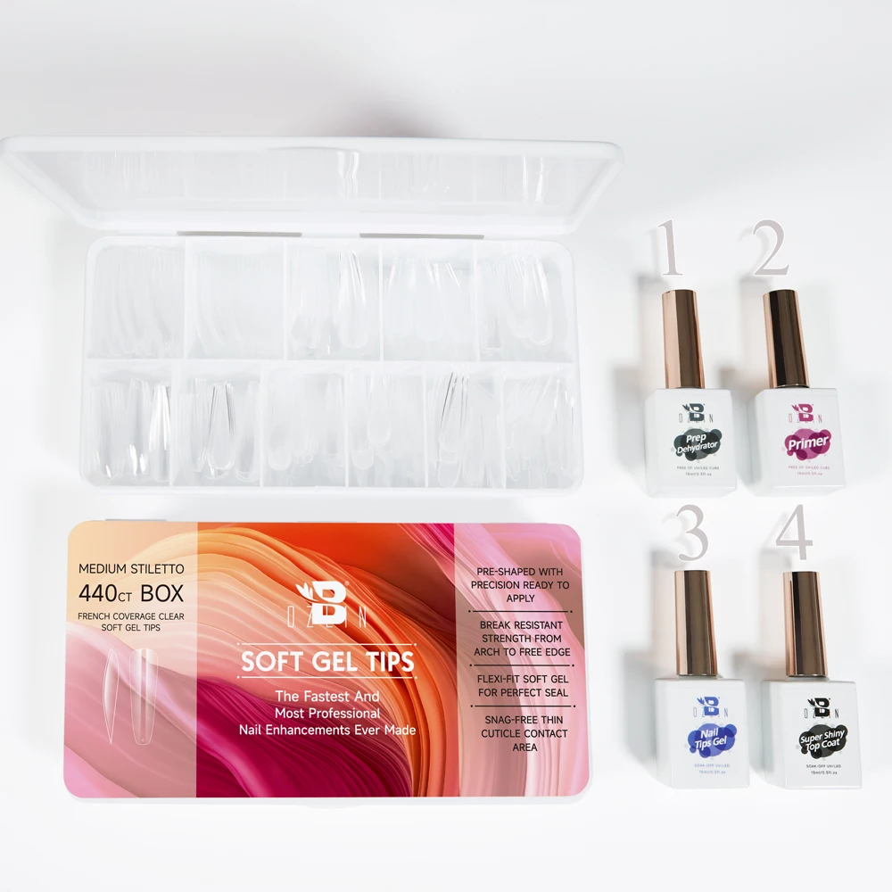 Bozlin Ready To Ship Nail Extension Kit Transparent Soft Gel Nail Extension Tips Extra Long Short Press On Nails Kit
