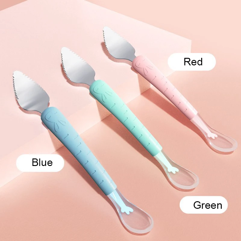 First Stage Baby Spoons with Two Tips and Mash Cutting Silicone Spoon Soft Training Eating Utensil Stainless Steel Silicone