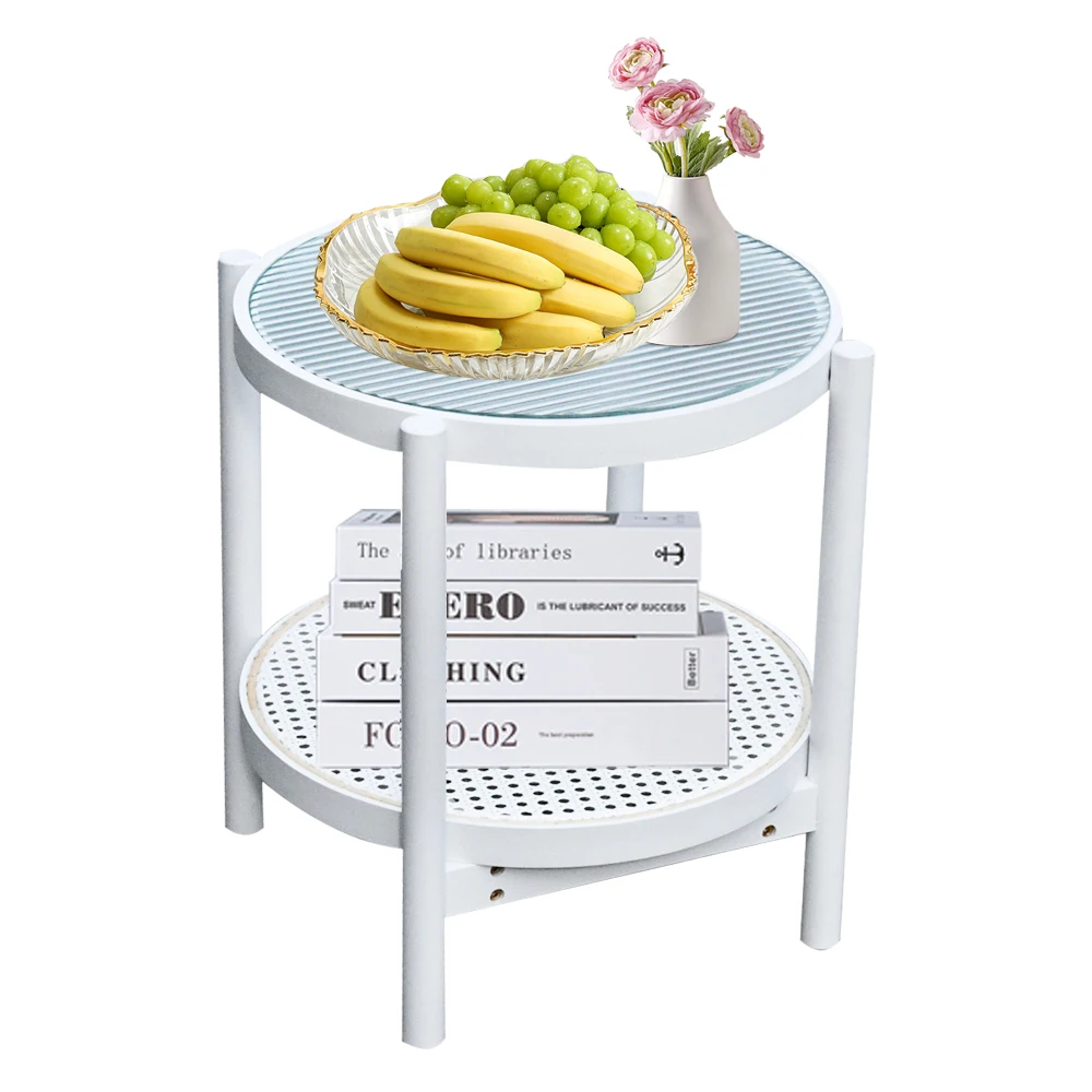 Custom 3-tier Wood Round Rattan End Table for Bedroom Living Room Sofa Accent Side Tables