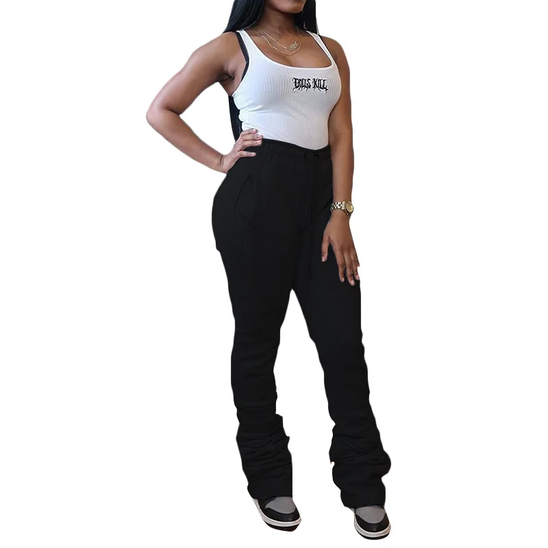 2021 New Dress Elastic Waist Rope Insert Bag Solid Color Pile Casual Trousers Pleated Stacked Pants